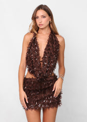 LOLA - set top + gonna in paillettes marroni