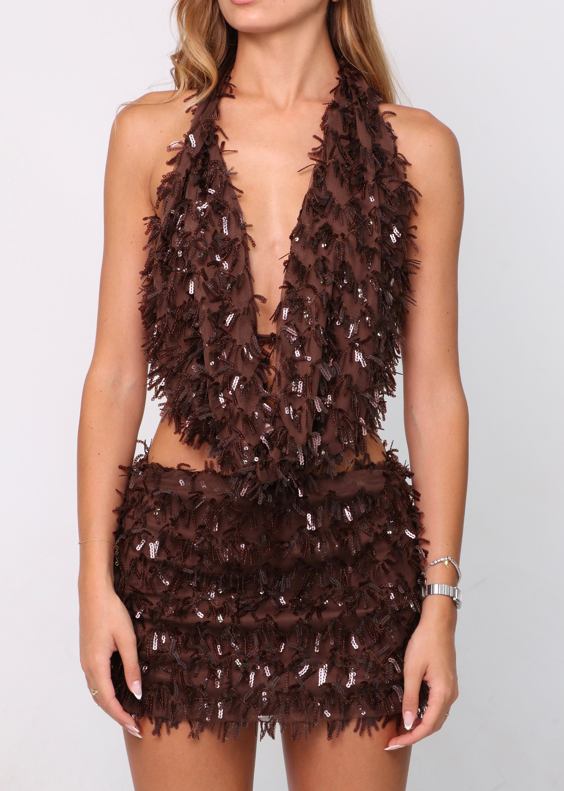 LOLA - set top + gonna in paillettes marroni