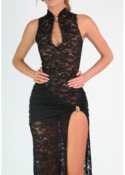 MELITA - vestito lungo con spacco in pizzo nero