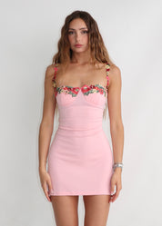 IBIS - mini dress rosa con coppe preformate con spallibe e scollo con dettaglio floreale