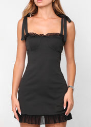 SAIDE - vestito mini nero con fiocchi alle spalle e dettagli in tessuto mesh