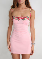IBIS - mini dress rosa con coppe preformate con spallibe e scollo con dettaglio floreale