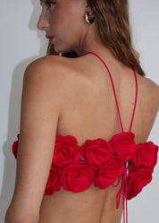 BELLE - top con ricamo rose in tessuto e retro lace up