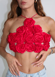 BELLE - top con ricamo rose in tessuto e retro lace up