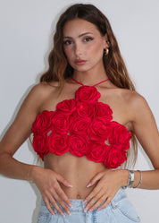 BELLE - top con ricamo rose in tessuto e retro lace up