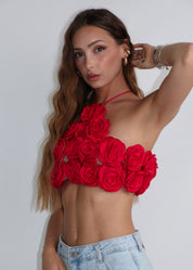 BELLE - top con ricamo rose in tessuto e retro lace up