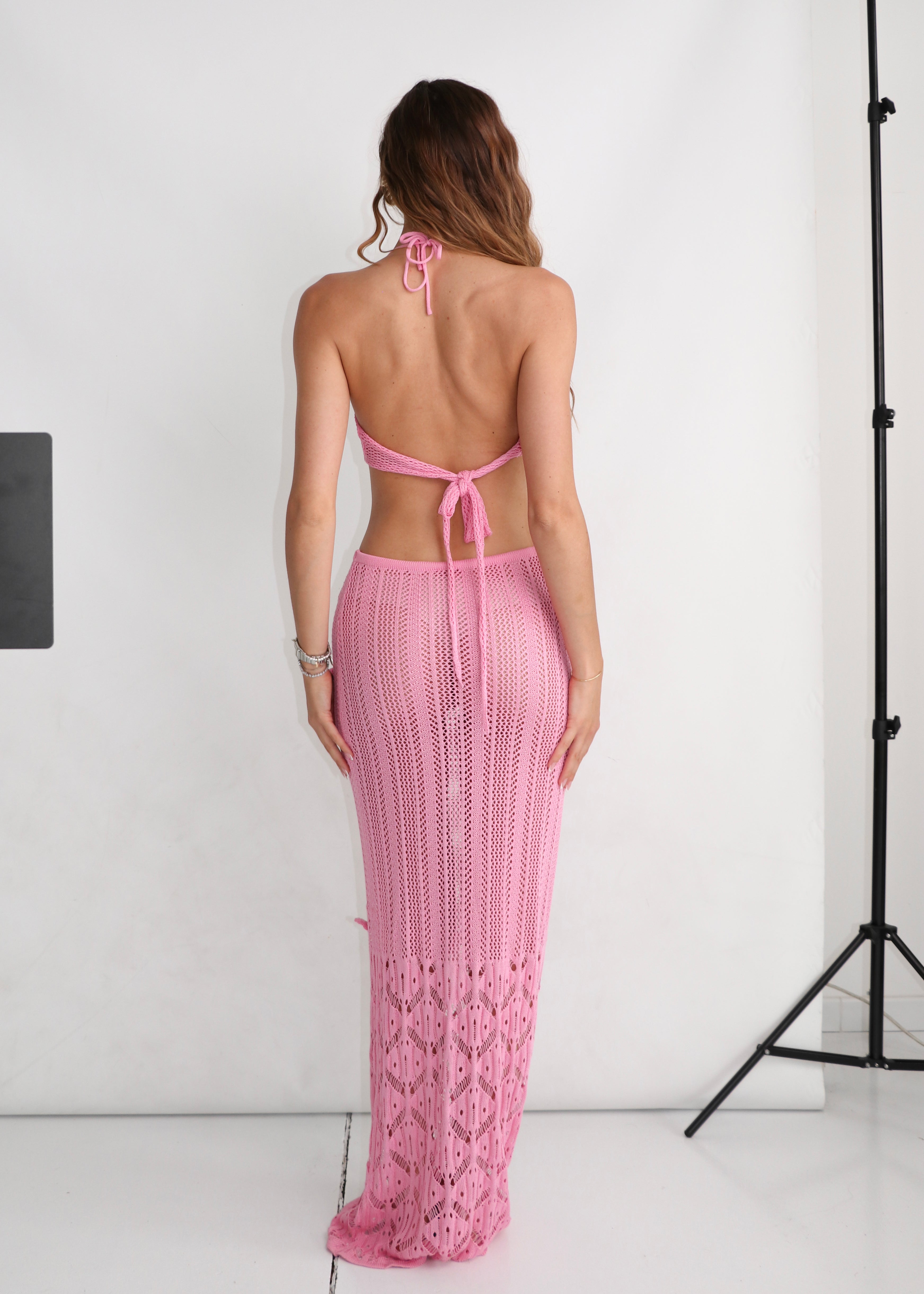 CRUSHY - co ordinato rosa in crochet con dettaglio rose