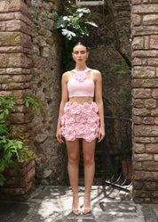 ELARIA - set in rosa con top ed accessorio spilla e gonna dettaglio rose