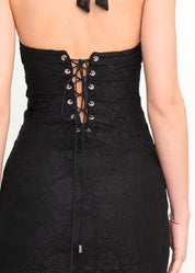 ALEXIS - vestito mini in pizzo nero con allacciature e scollo profondo