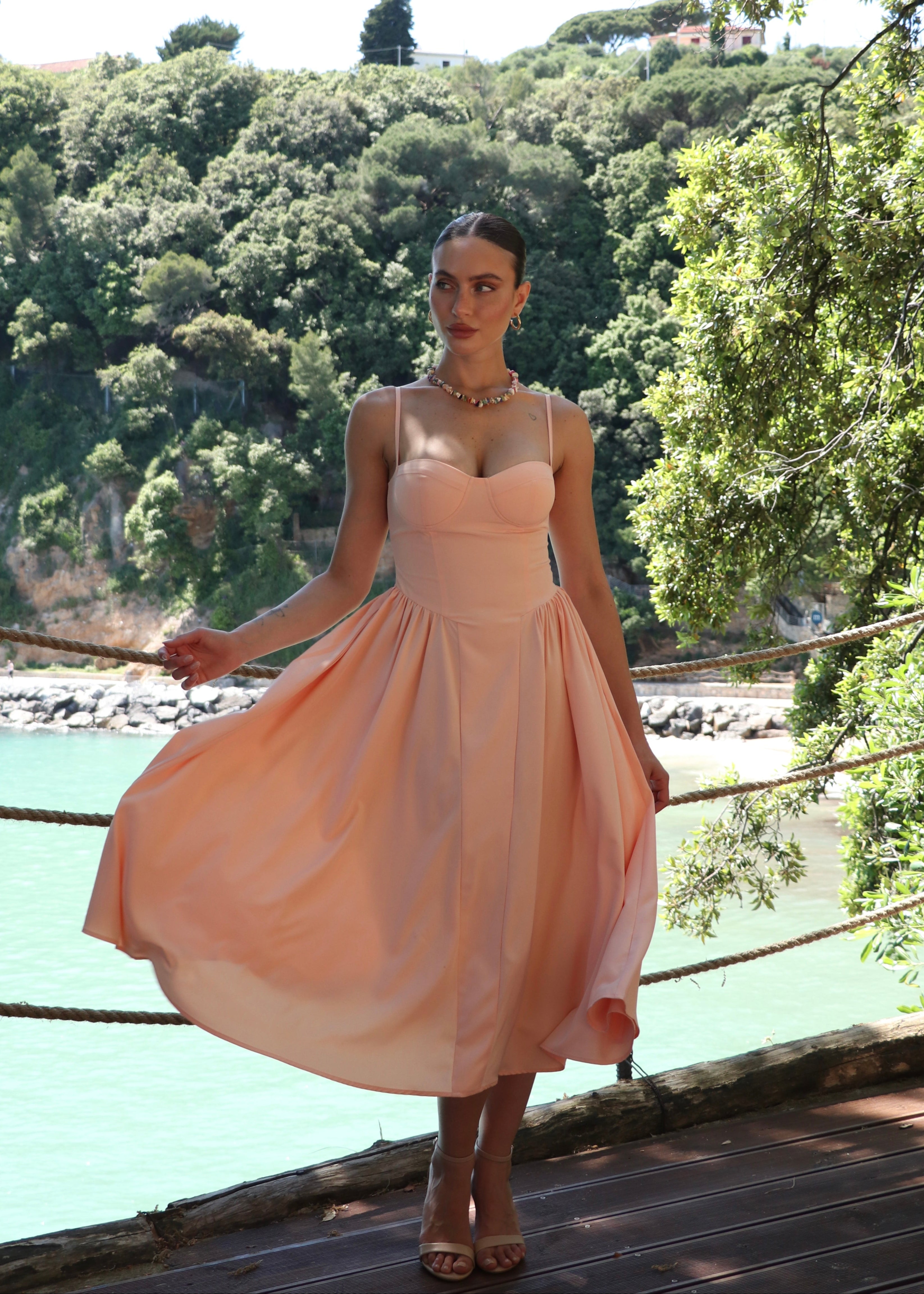 ISABEAU - vestito pesca midi a ruota con corpetto