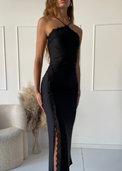 SOREN - vestito lungo nero effetto seta con pizzo e scollo sulla schiena