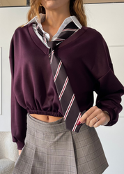 ABIGAIL - set felpa crop burgundy con cravatta e camicia