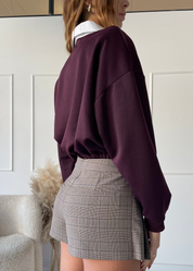 ABIGAIL - set felpa crop burgundy con cravatta e camicia