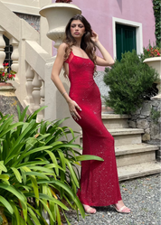 GLIMMER - abito lungo di diamanti rosso con scollo sulla schiena