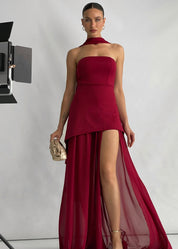 KIKI - vestito burgundy elegante con gonna in tulle e spacco profondo con stola