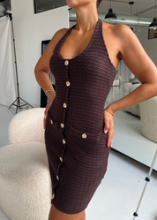 ALIX - mini abito effetto bouclè marrone con bottoni gioiello oro