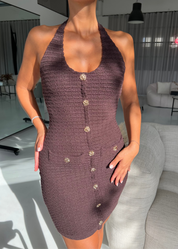 ALIX - mini abito effetto bouclè marrone con bottoni gioiello oro