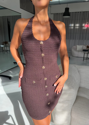 ALIX - mini abito effetto bouclè marrone con bottoni gioiello oro