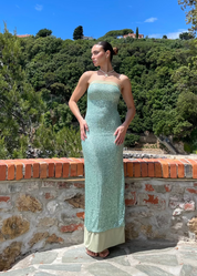 ALTHEA - vestito lungo a fascia in paillettes acquamarina