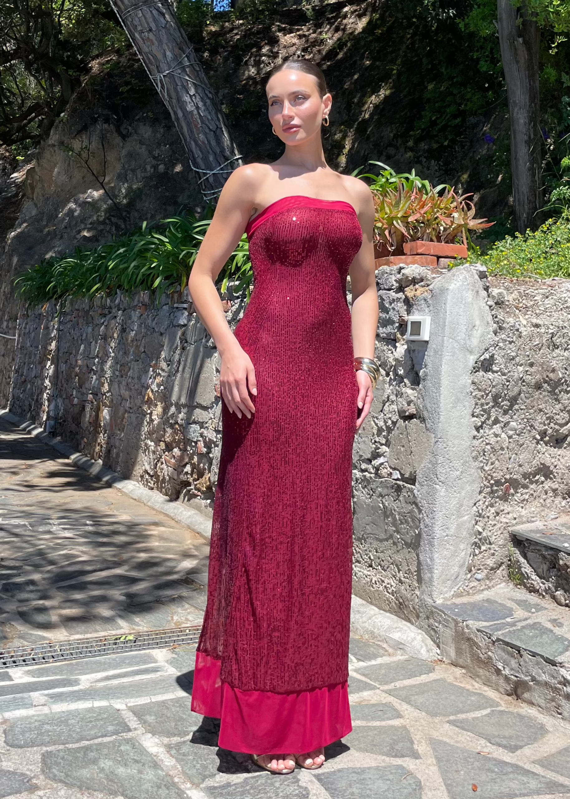 ALTHEA - vestito lungo a fascia in paillettes burgundy
