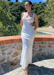 ALBA - vestito lungo in paillettes bianche con cut out e fiocco rimovibile