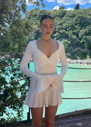 BELLE - vestito mini bianco con scollo a v a maniche lunghe