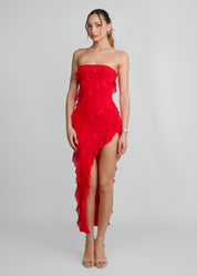 AMOUR - vestito rosso midi drappeggiato con spacco