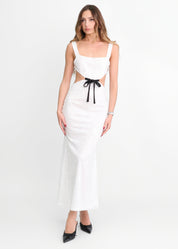 ALBA - vestito lungo in paillettes bianche con cut out e fiocco rimovibile