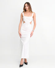 ALBA - vestito lungo in paillettes bianche con cut out e fiocco rimovibile