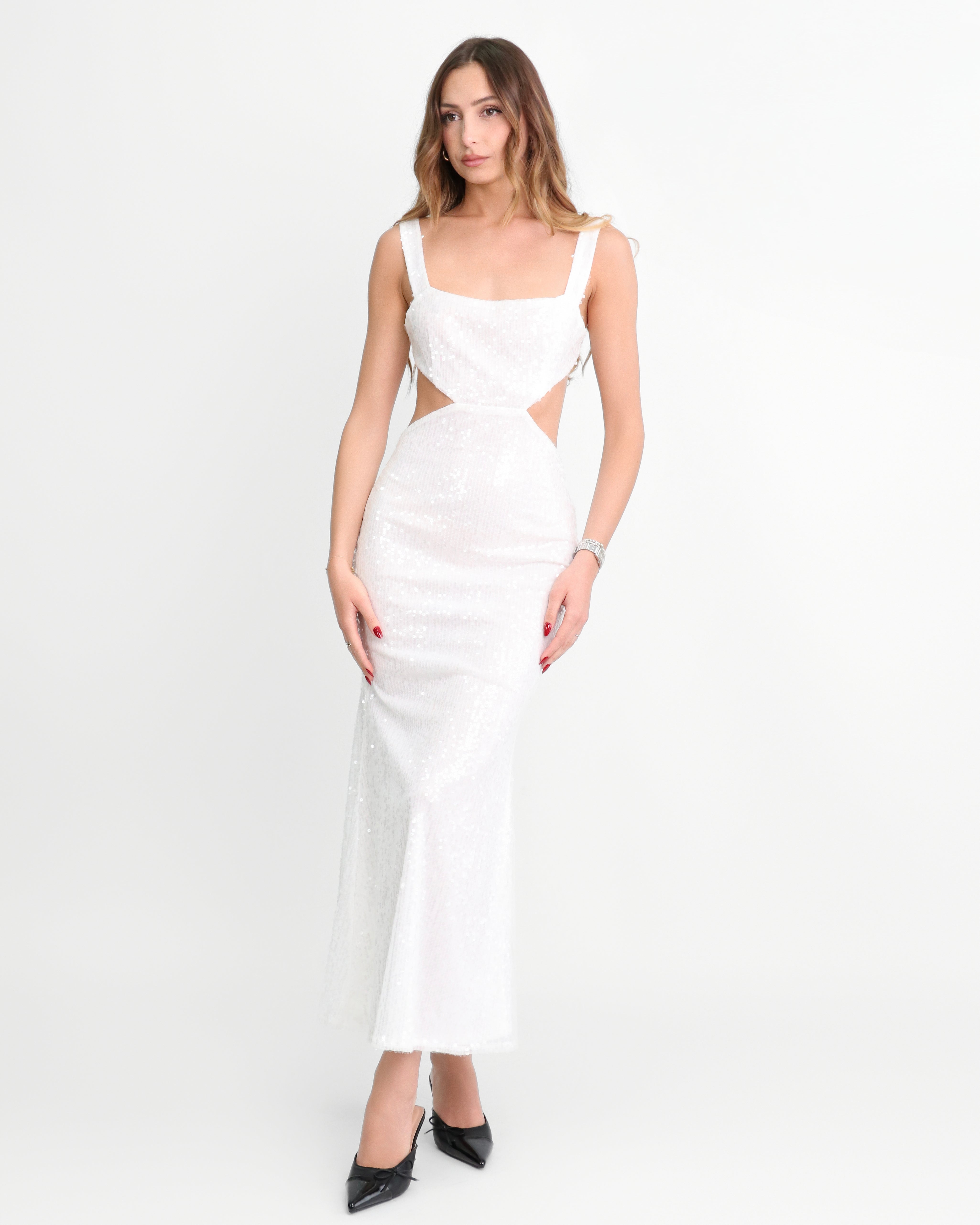 ALBA - vestito lungo in paillettes bianche con cut out e fiocco rimovibile