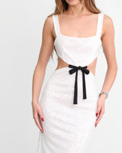 ALBA - vestito lungo in paillettes bianche con cut out e fiocco rimovibile