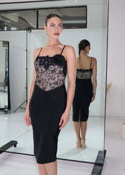 ROSAYA - vestito midi con trasparenze e dettaglio fiori sulla scollatura