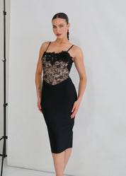 ROSAYA - vestito midi con trasparenze e dettaglio fiori sulla scollatura