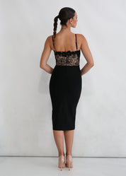 ROSAYA - vestito midi con trasparenze e dettaglio fiori sulla scollatura