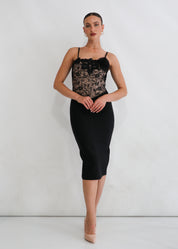 ROSAYA - vestito midi con trasparenze e dettaglio fiori sulla scollatura