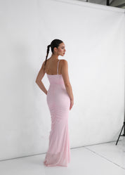 MIREFLY - abito rosa lungo con rouches con spalline e decoro con farfalle