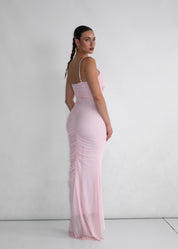 MIREFLY - abito rosa lungo con rouches con spalline e decoro con farfalle