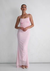 MIREFLY - abito rosa lungo con rouches con spalline e decoro con farfalle