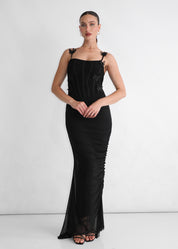 MIREFLY - abito nero lungo con rouches con spalline e decoro con farfalle