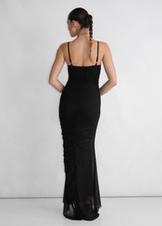 MIREFLY - abito nero lungo con rouches con spalline e decoro con farfalle