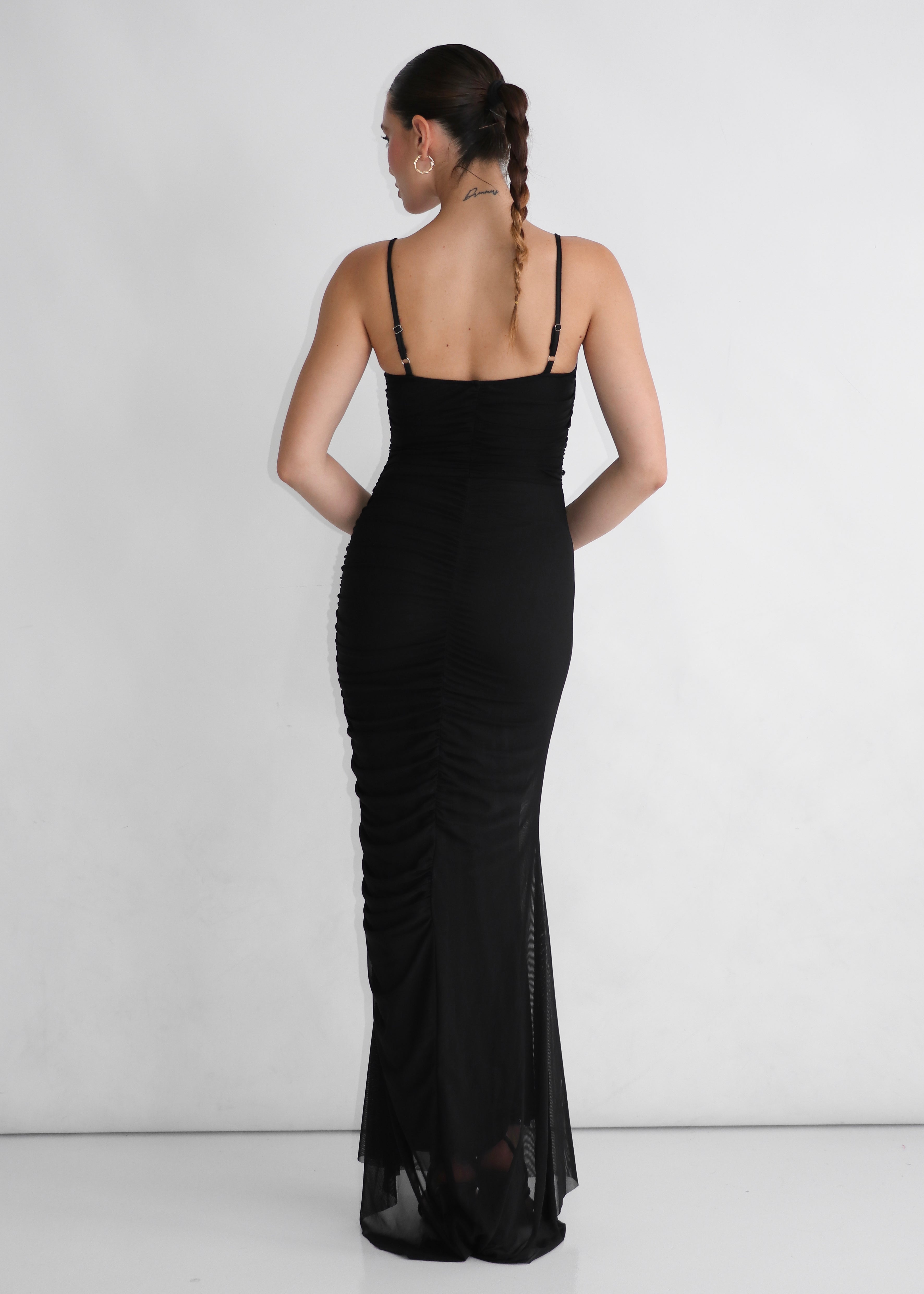 MIREFLY - abito nero lungo con rouches con spalline e decoro con farfalle