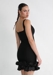 CAMELIA - mini dress nero con orlo con tessuto in raso combinato e volant