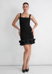 CAMELIA - mini dress nero con orlo con tessuto in raso combinato e volant