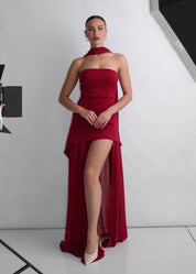 KIKI - vestito burgundy elegante con gonna in tulle e spacco profondo con stola