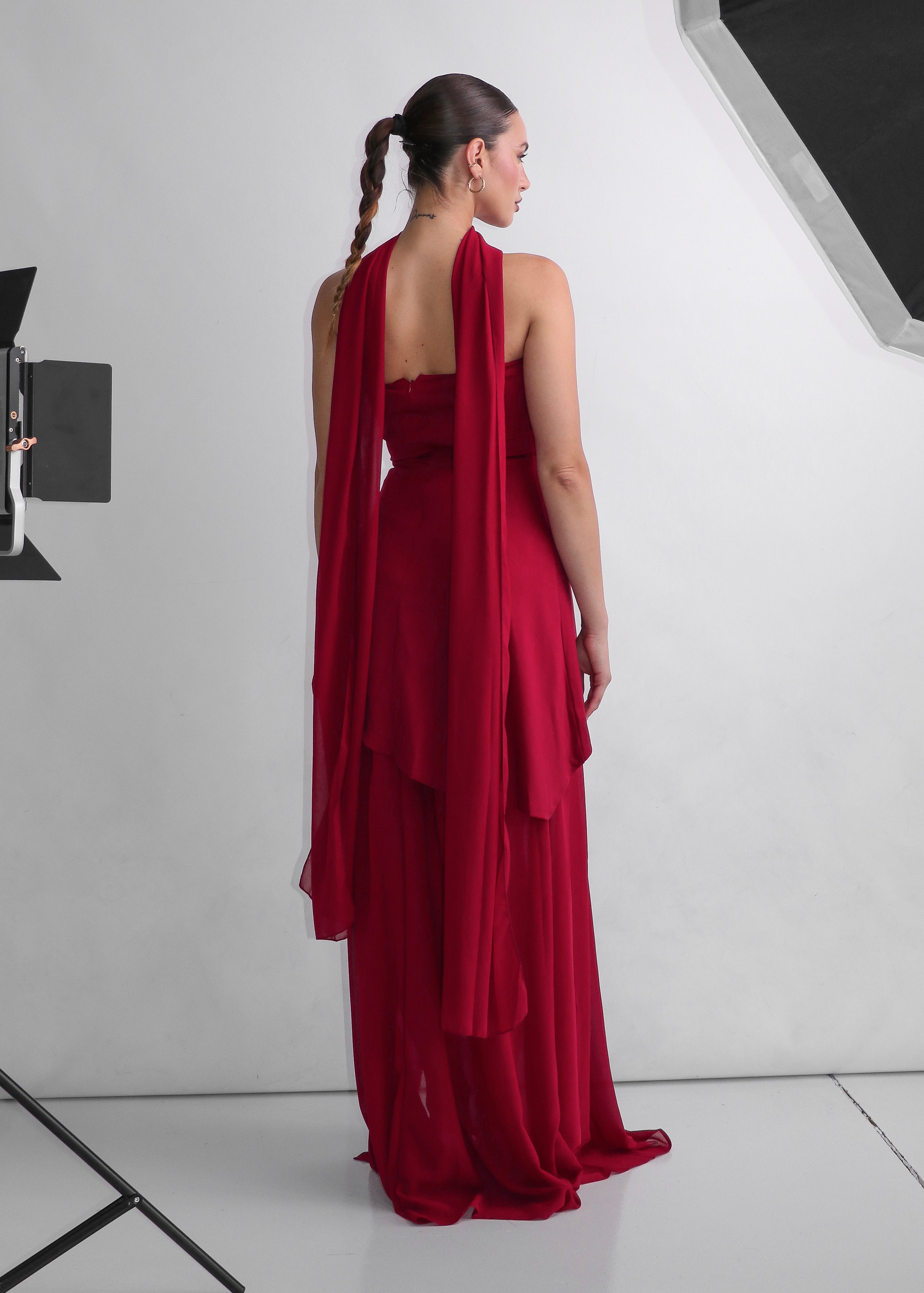 KIKI - vestito burgundy elegante con gonna in tulle e spacco profondo con stola