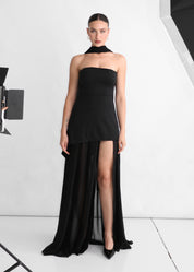 KIKI - vestito nero elegante con gonna in tulle e spacco profondo