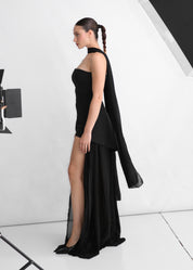 KIKI - vestito nero elegante con gonna in tulle e spacco profondo