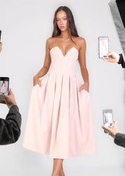 JADA - vestito midi a ruota rosa con corpetto senza spalline