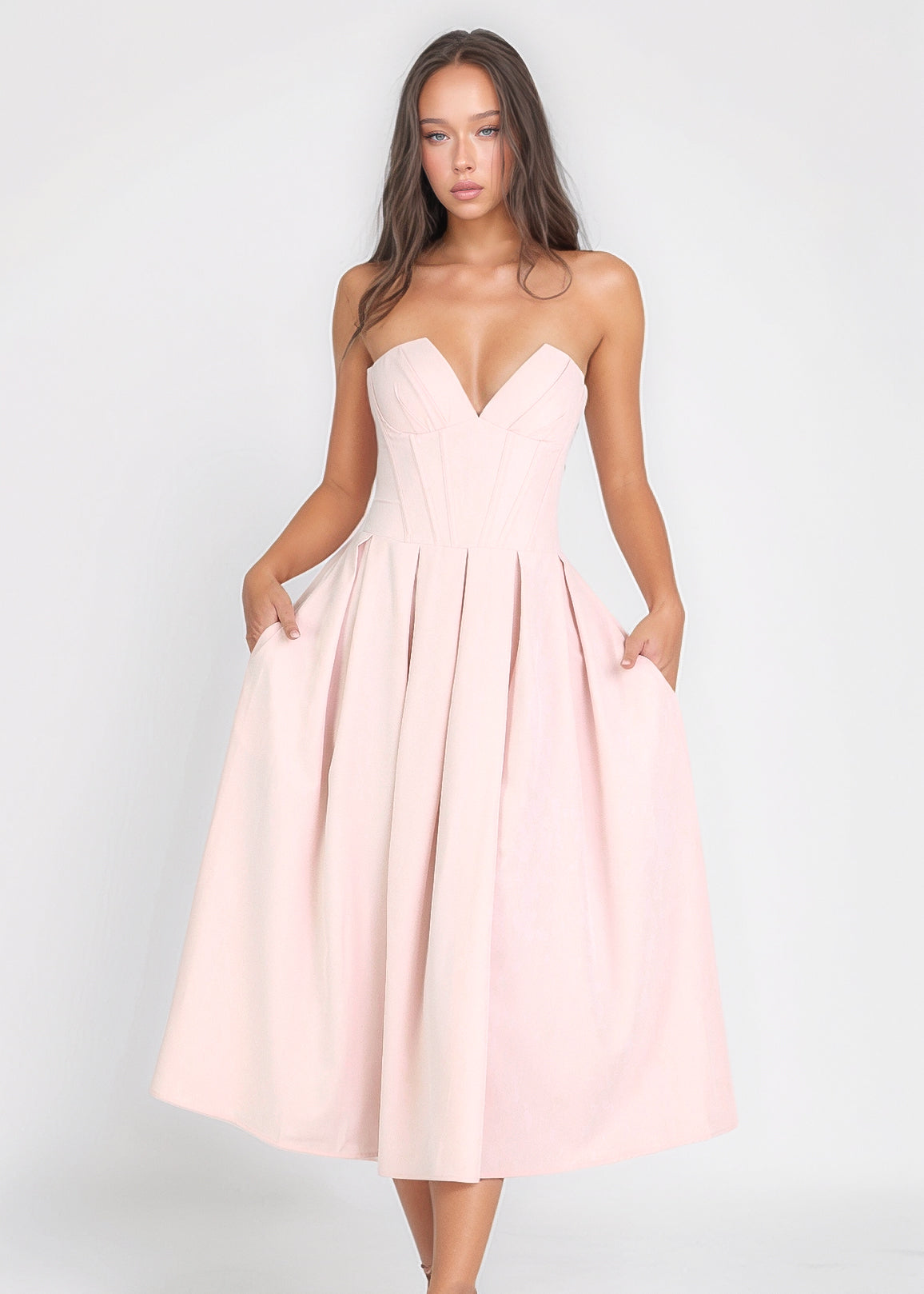 JADA - vestito midi a ruota rosa con corpetto senza spalline