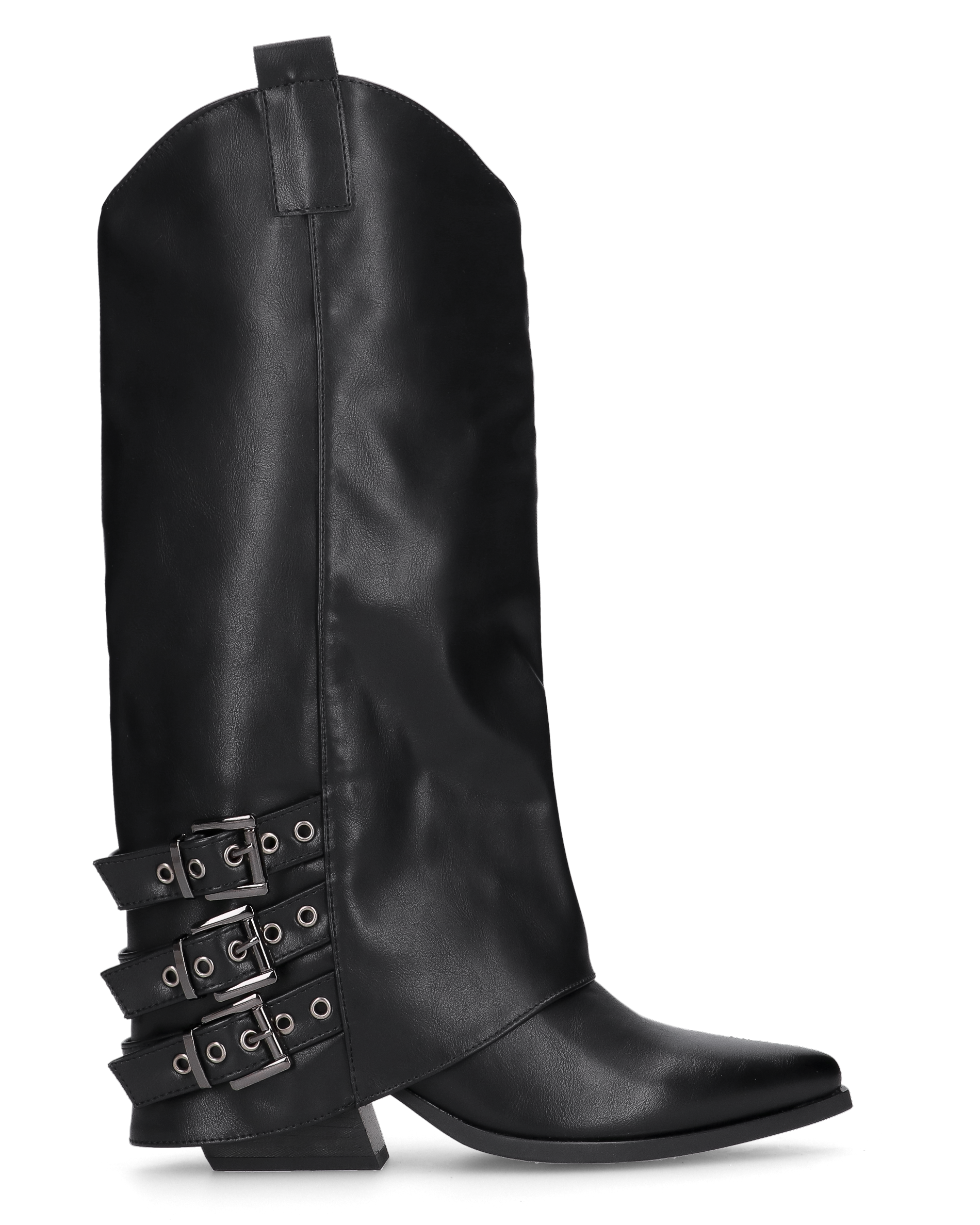 JAMY - stivali neri a punta con risvolto e cinturini regolabili